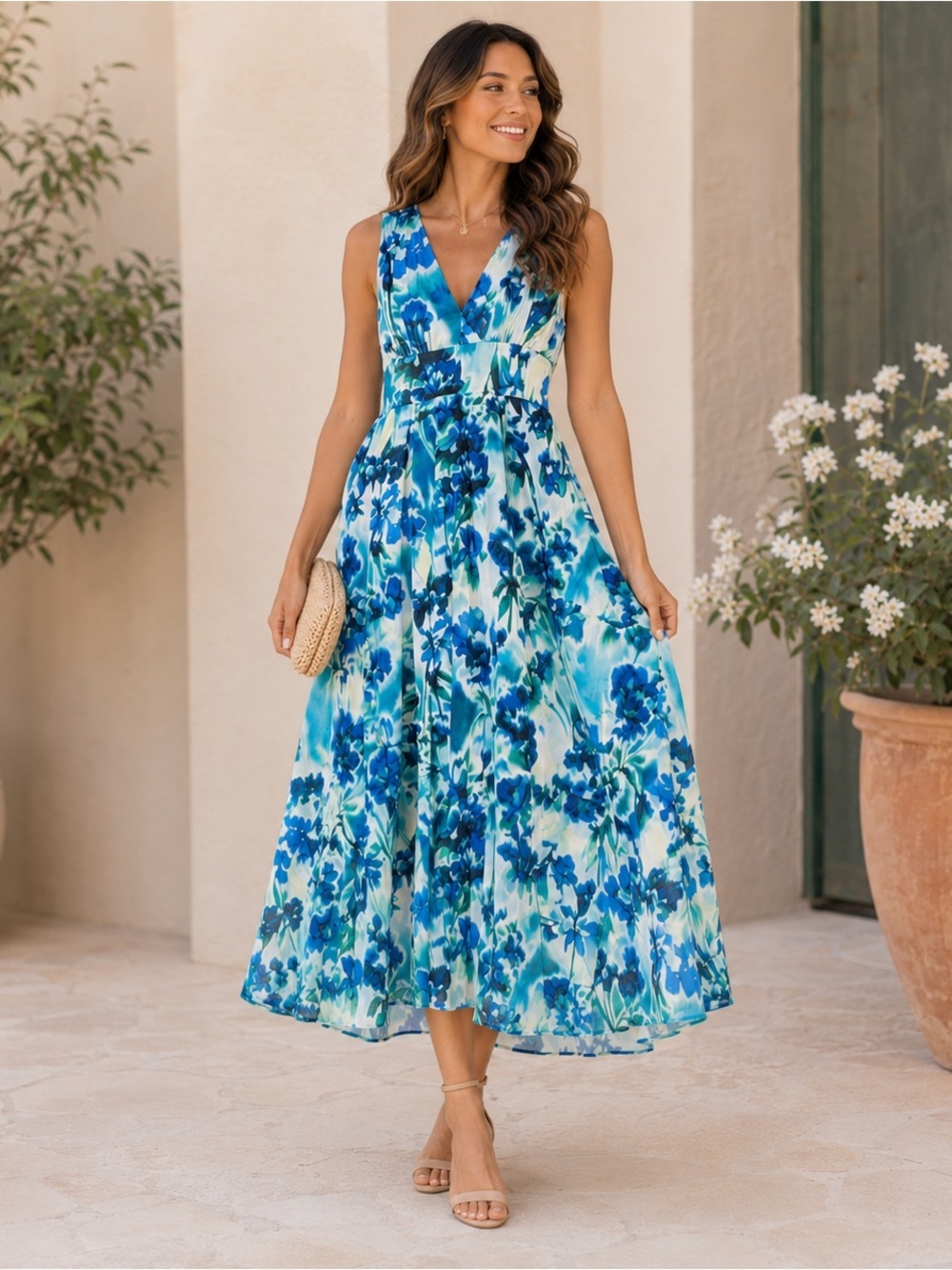 DKNY 100% Cotton Blue Floral Hi-Lo Halter Dress NWT Size 12